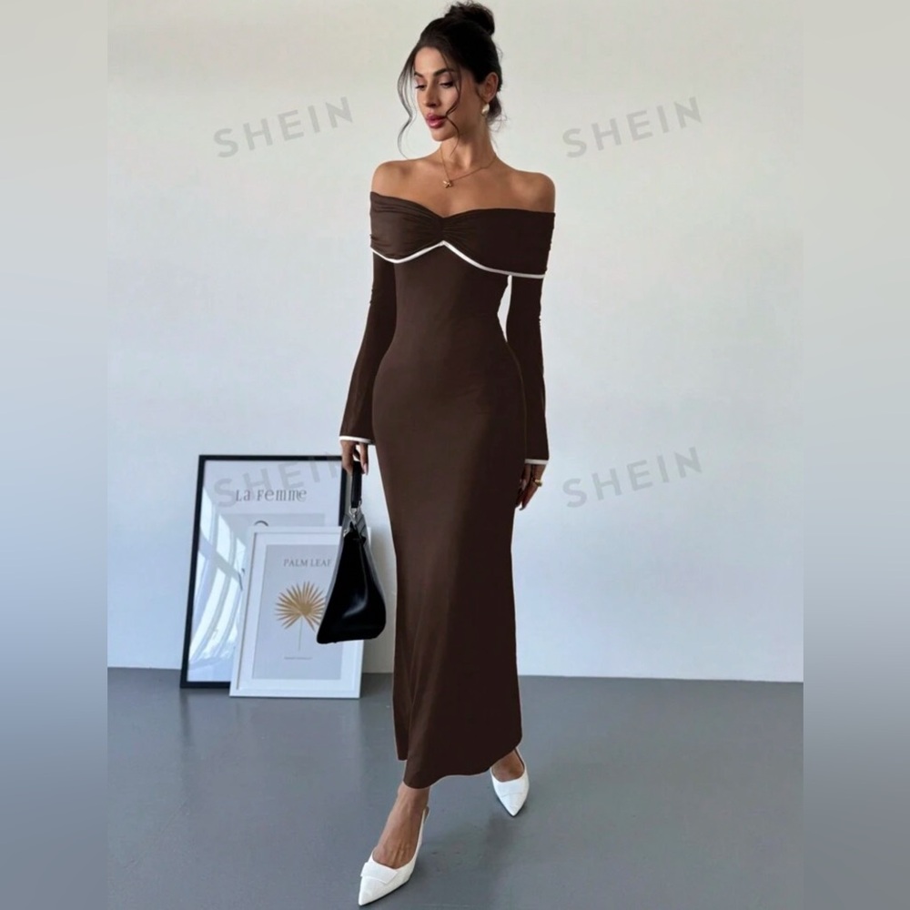Firerie Women's Color Block Off Shoulder Fitted Mermaid Maxi Elegant Dress